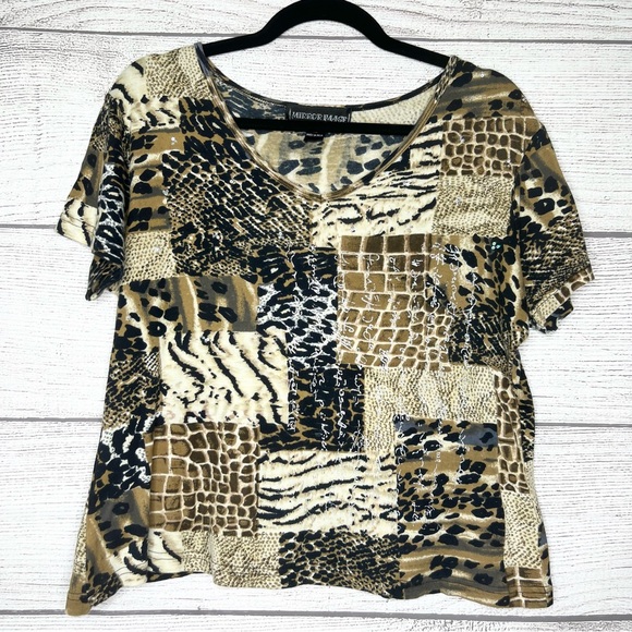 Vintage Animal Print Cheetah Leopard Patchwork Print T-Shirt Top Size XL - Picture 1 of 8